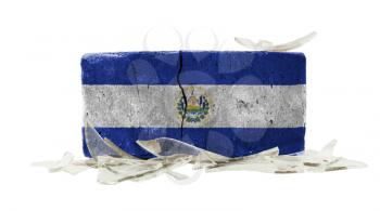 Brick with broken glass, violence concept, flag of El Salvador