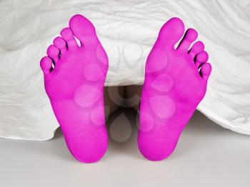 Body under a white sheet, suicide, sleeping, murder or natural death, pink feet