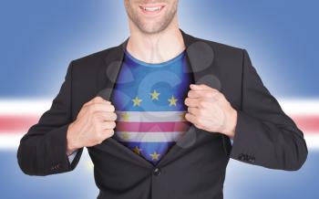 Businessman opening suit to reveal shirt with flag, Cape Verde