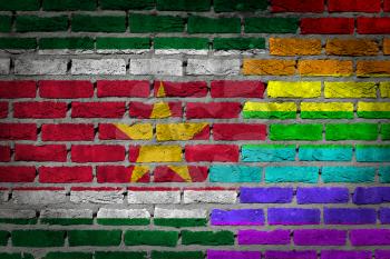 Dark brick wall texture - coutry flag and rainbow flag painted on wall - Suriname