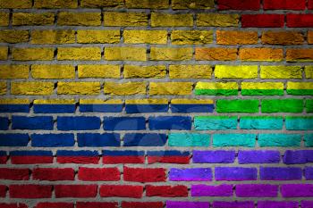 Dark brick wall texture - coutry flag and rainbow flag painted on wall - Ecuador