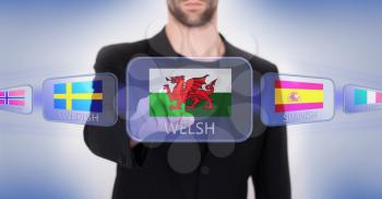 Hand pushing on a touch screen interface, choosing language or country, Wales