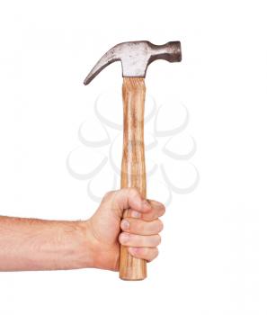 Man's hand holding hammer, isolated on white