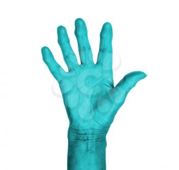 Hand symbol, saying five, saying hello or saying stop, light blue