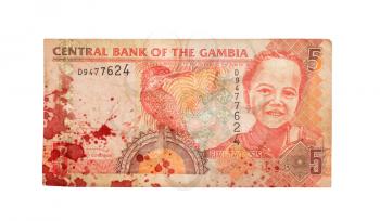 5 Gambian dalasi bank note, isolated, bloody