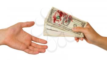 Transfer of money between man and woman, isolated on white, blood