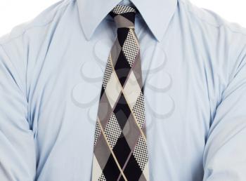 Man wearing wrinkled blue shirt with necktie, isolated on white