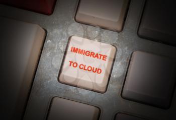 White button on a dirty old panel, selective focus - immigrate to cloud
