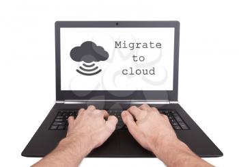 Man working on laptop, migrate to cloud, isolated