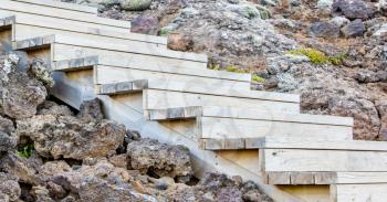 Trail in Iceland, wooden steps on an ancient volcano