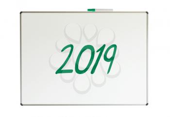 2019, message on whiteboard, isolated on a white background