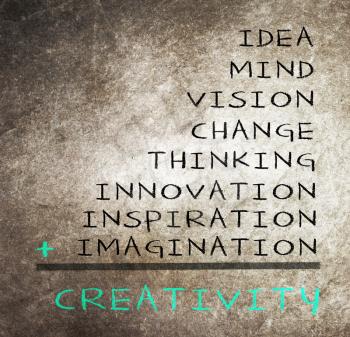 Concept of creativity consists of idea, mind, vision, change, thinking, inspiration, innovation and imagination