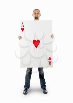 Businessman with large playing card - Ace of hearts