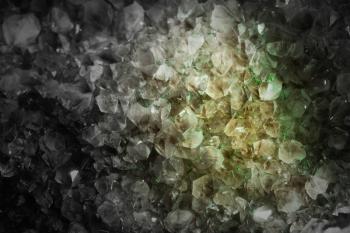 Crystal Stone macro mineral, rough amethyst quartz crystals, selective focus