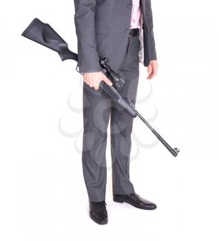 Man in suit with gun, rifle, isolated on white
