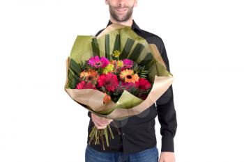 Man is giving flowers - Isolated on white