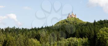 Aerial view of famous Hohenzollern Castle, ancestral seat of the imperial House of Hohenzollern and one of Europe's most visited castles, Baden-Wurttemberg, Germany