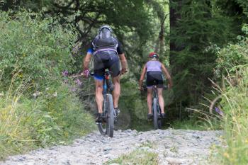 Urecognisable mountainbikers on a gravel road in the Alps