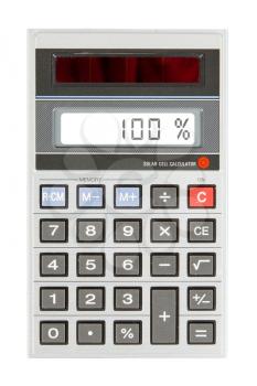 Old calculator with digital display showing a percentage - 100 percent