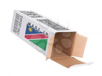 Concept of export, opened paper box - Product of Namibia