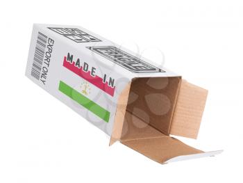 Concept of export, opened paper box - Product of Tajikistan