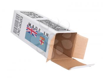 Concept of export, opened paper box - Product of Fiji