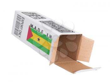 Concept of export, opened paper box - Product of Sao Tome and Principe