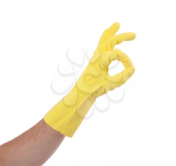 Hand gesturing with pink cleaning product glove - yellow on white
