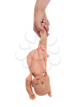 Adult with baby toy (no trademark), isolated on white