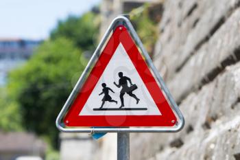 Pedestrian danger sign - Red triangle safety traffic sign, Switzerland