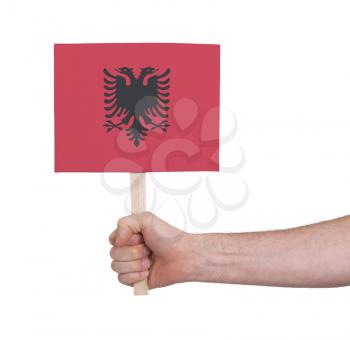 Hand holding small card, isolated on white - Flag of Albania