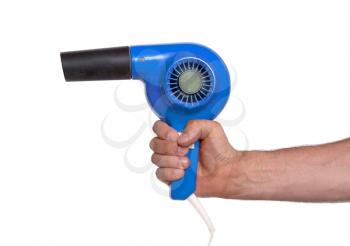 Old blue hairdryer in hand isolated on white