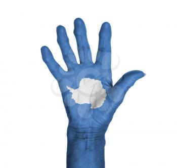 Palm of a woman hand, painted with flag of Antarctica