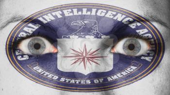 Women eye, close-up, eyes wide open, flag of the CIA
