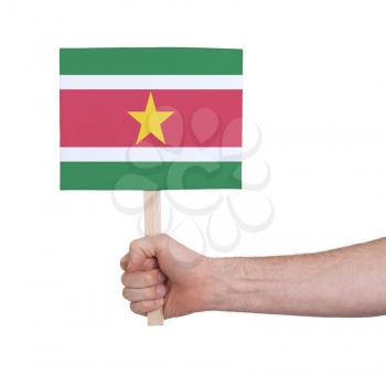 Hand holding small card, isolated on white - Flag of Suriname