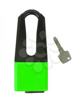 Heavy disc lock for motorcycle, isolated on white background, green