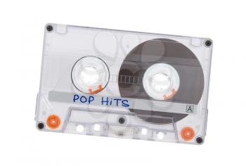Vintage audio cassette tape, isolated on white background, Pop hits
