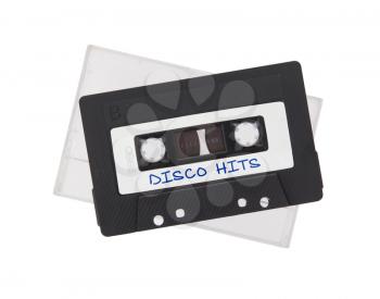 Vintage audio cassette tape, isolated on white background, Disco hits