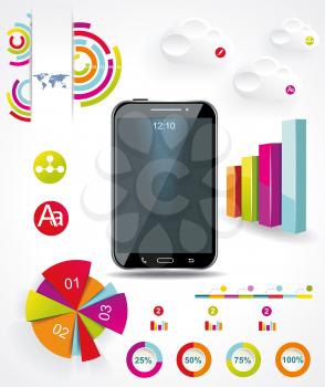Modern Infographic with a touch screen smartphone in the middle. 