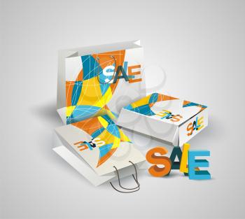 Sale Tag, Paper Bags and Box with 3d letters SALE. 