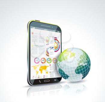 Illustration of a smart phone and globe. Vector.