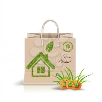 Vector illustration of  shopping paper bag with green symbol. Eco product, Eco packing.