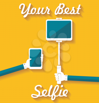 Taking Selfie Photo on Smart Phone, hand hold monopod with tablet pc, concept icon.