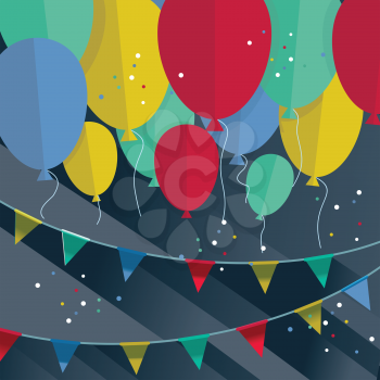 Flat happy Birthday festive background with confetti,ballons and flags.