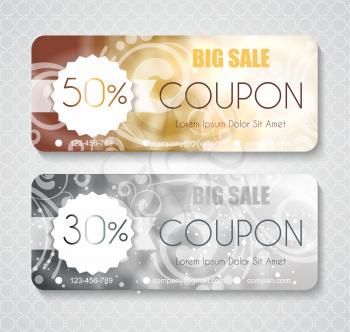 Discount coupon template with premium pattern on silver and gold background 