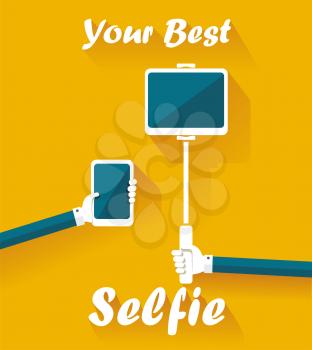Taking Selfie Photo on Smart Phone, hand hold monopod with mobile phone and Tablet PC computerconcept icon.