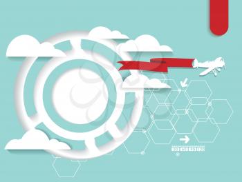 Abstract futuristic circuit high computer technology background with airplane flying through clouds in the blue sky. Flat design style modern vector illustration.