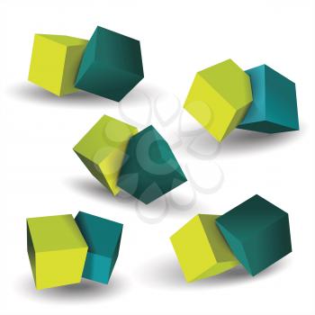 Vector set of blue and green 3d cubes structure, over white background.