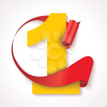 Number one, yellow numeric with red rolled ribbon, vector illustration.