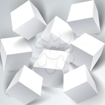 Vector set of white 3d cubes structure, over white background.